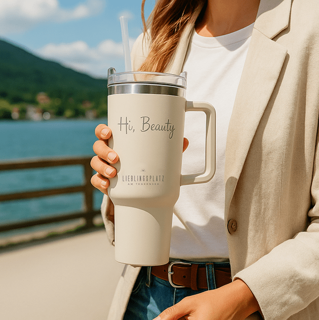 1,2 L Thermo-Edelstahl-Becher mit Griff & Strohhalm