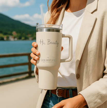 1,2 L Thermo-Edelstahl-Becher mit Griff & Strohhalm